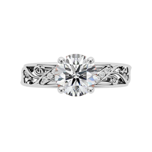 Vintage Round Moissanite Filigree Scroll Accent Engagement Ring