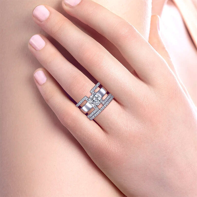 Round Moissanite Geometric Triple Shank Pave Engagement Ring,RRL-FA1C1006-1,RRL-FA1C1006-2,RRL-FA1C1006-3