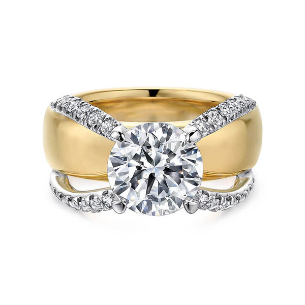 Round Moissanite Two Rows Pave Wide Band Engagement Ring