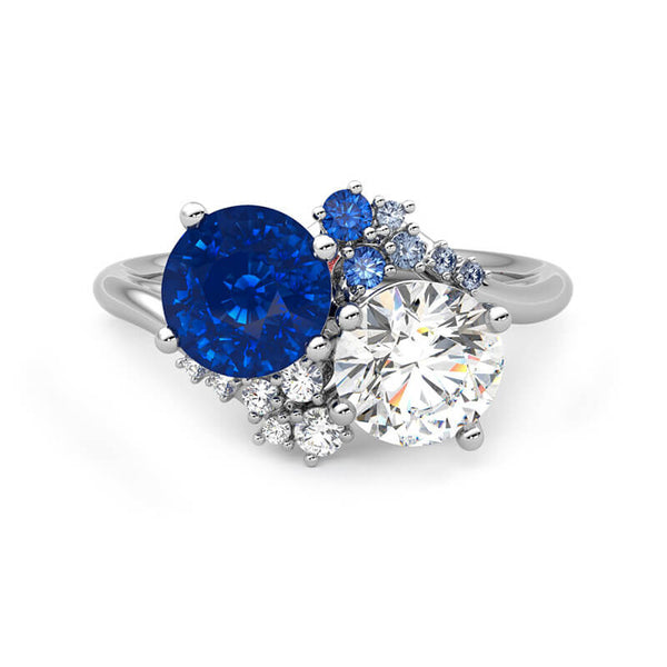 Round Moissanite With Blue Sapphire Cluster Engagement Ring - ReadYourHeart