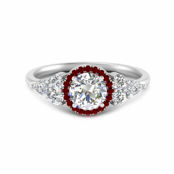 Ruby Halo Moissanite Cluster Side Stone Engagement Ring