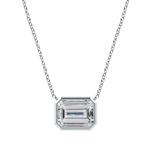 Solitaire Bezel Emerald-Cut Moissanite Necklace In Sterling Silver