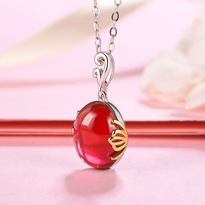 Solitaire Oval Plain Ruby Necklace In Sterling Silver - ReadYourHeart