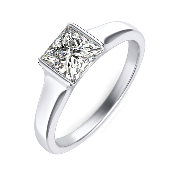 Solitaire Princess Moissanite Half Bezel Set Engagement Ring - ReadYourHeart