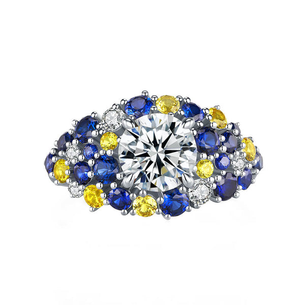 Starry Night Moissanite Blue & Yellow Sapphire Cluster  Engagement Ring,RRL-FA1C945-1,RRL-FA1C945-2,RRL-FA1C945-3