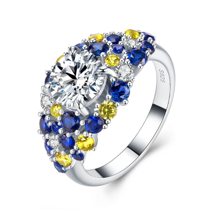 Starry Night Moissanite Blue & Yellow Sapphire Cluster  Engagement Ring,RRL-FA1C945-1,RRL-FA1C945-2,RRL-FA1C945-3