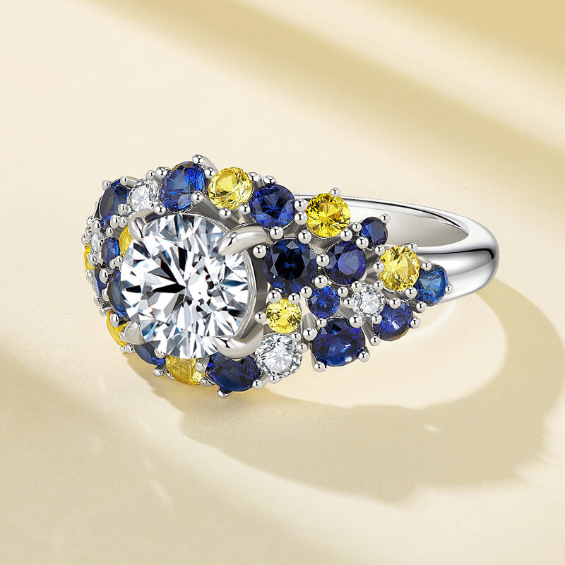 Starry Night Moissanite Blue & Yellow Sapphire Cluster  Engagement Ring,RRL-FA1C945-1,RRL-FA1C945-2,RRL-FA1C945-3