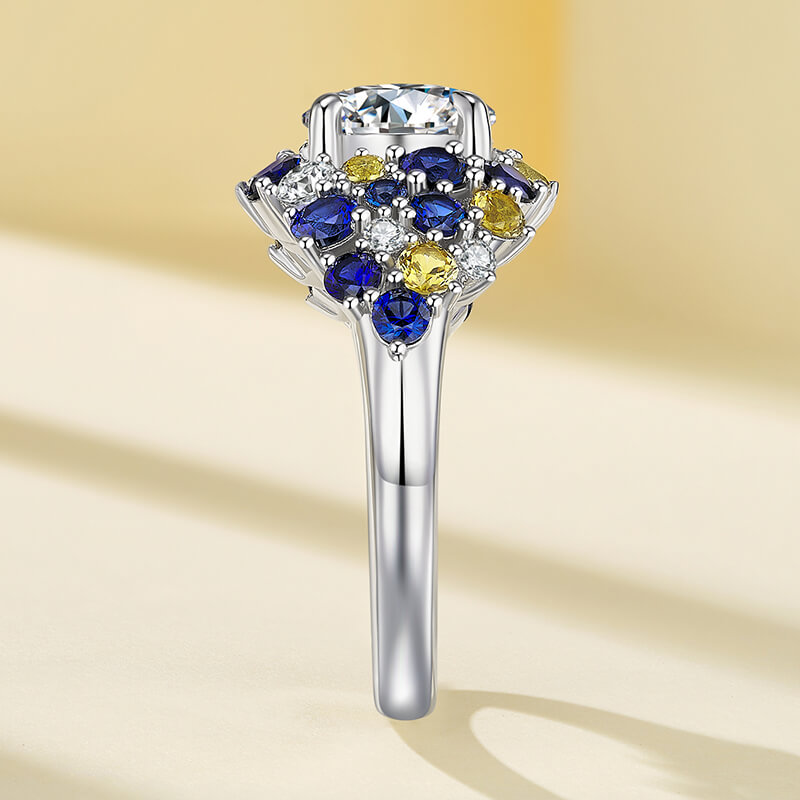 Starry Night Moissanite Blue & Yellow Sapphire Cluster  Engagement Ring,RRL-FA1C945-1,RRL-FA1C945-2,RRL-FA1C945-3