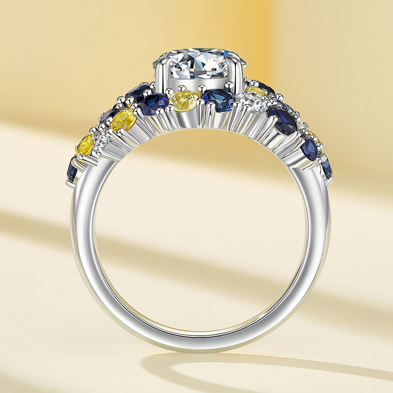 Starry Night Moissanite Blue & Yellow Sapphire Cluster  Engagement Ring,RRL-FA1C945-1,RRL-FA1C945-2,RRL-FA1C945-3