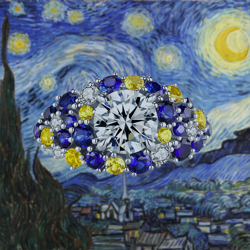 Starry Night Moissanite Blue & Yellow Sapphire Cluster  Engagement Ring,RRL-FA1C945-1,RRL-FA1C945-2,RRL-FA1C945-3