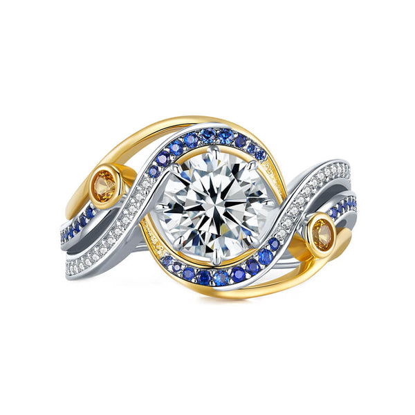 Swirl Bypass Moissanite Two-Tone with Sapphire Accents Engagement Ring,RRL-FA1C940-1,RRL-FA1C940-2,RRL-FA1C940-3