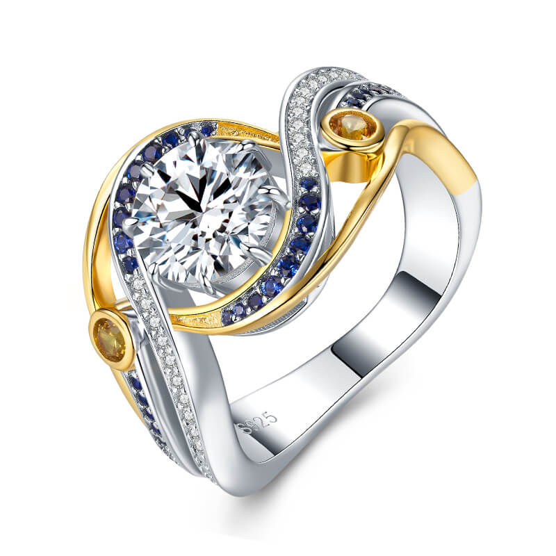 Swirl Bypass Moissanite Two-Tone with Sapphire Accents Engagement Ring,RRL-FA1C940-1,RRL-FA1C940-2,RRL-FA1C940-3