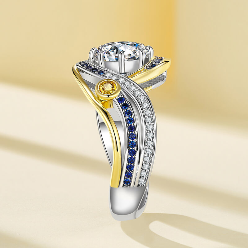 Swirl Bypass Moissanite Two-Tone with Sapphire Accents Engagement Ring,RRL-FA1C940-1,RRL-FA1C940-2,RRL-FA1C940-3