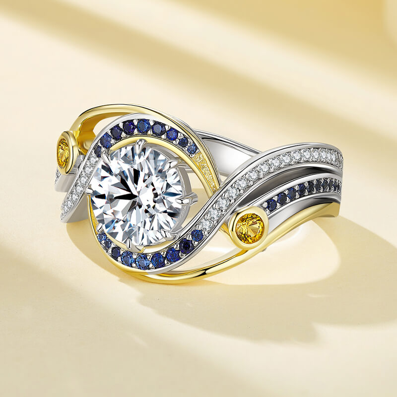 Swirl Bypass Moissanite Two-Tone with Sapphire Accents Engagement Ring,RRL-FA1C940-1,RRL-FA1C940-2,RRL-FA1C940-3