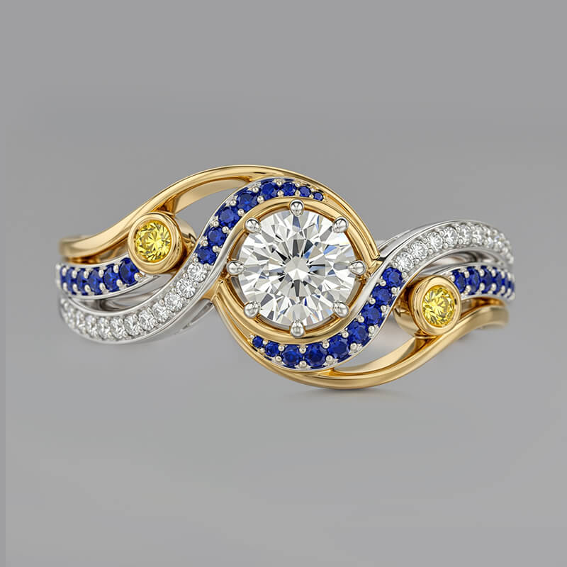 Swirl Bypass Moissanite Two-Tone with Sapphire Accents Engagement Ring,RRL-FA1C940-1,RRL-FA1C940-2,RRL-FA1C940-3