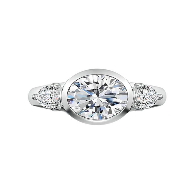 Three-Stone East-West Bezel Oval Moissanite and Pear Sapphire Engagement Ring,RRL-FA1C1233-1,RRL-FA1C1233-2,RRL-FA1C1233-3
