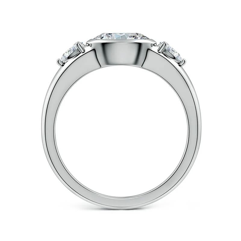 Three-Stone East-West Bezel Oval Moissanite and Pear Sapphire Engagement Ring,RRL-FA1C1233-1,RRL-FA1C1233-2,RRL-FA1C1233-3