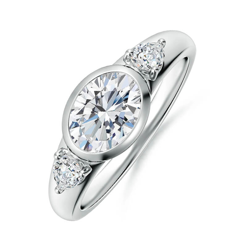 Three-Stone East-West Bezel Oval Moissanite and Pear Sapphire Engagement Ring,RRL-FA1C1233-1,RRL-FA1C1233-2,RRL-FA1C1233-3