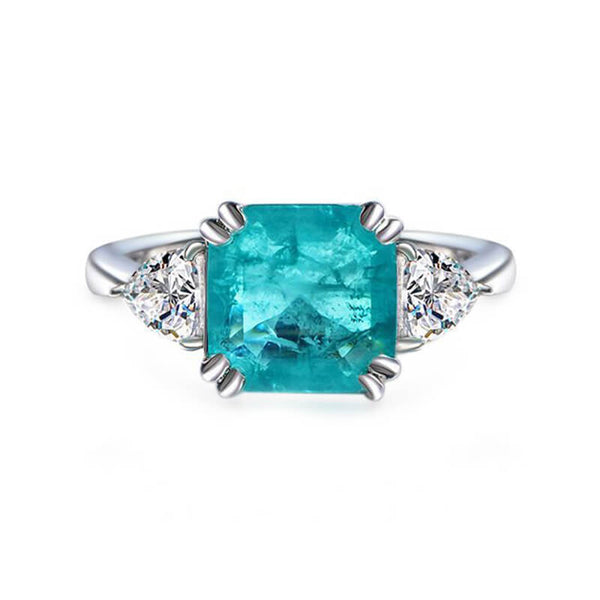 Three Stone Asscher Cut Paraiba Sterling Silver Ring - ReadYourHeart