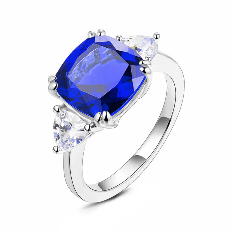Three Stone Cushion Sapphire Engagement Ring In Sterling Silver - ReadYourHeart