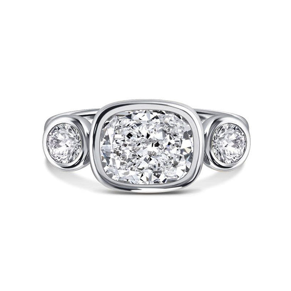 Three Stone Elongated Cushion Cut Moissanite Bezel Set Engagement Ring