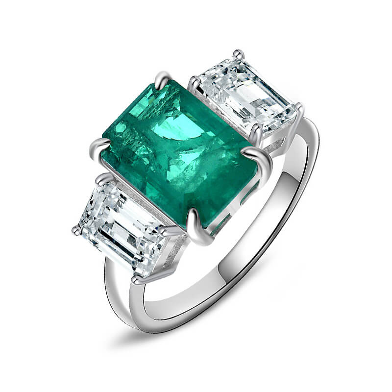 Three Stone Emerald-Cut  Paraiba And Sapphire Sterling Silver Ring - ReadYourHeart