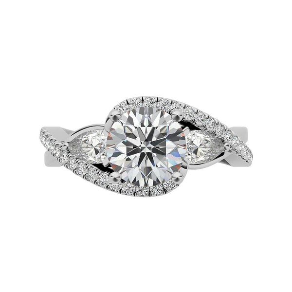 Three Stone Moissanite And Pear Side Stone Bypass Pave Engagement Ring