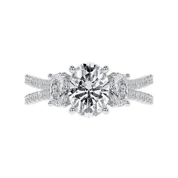 Three Stone Oval Moissanite Criss-Cross Pave Engagement Ring