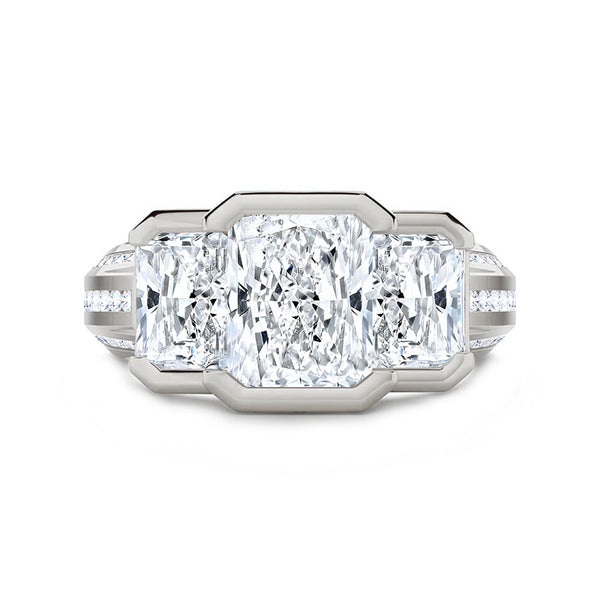 Three Stone Radiant Moissanite Staircase Channel Set Euro Engagement Ring