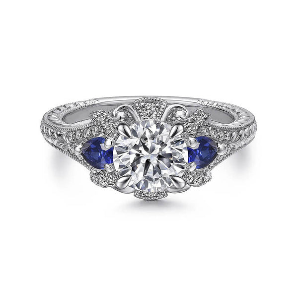 Vintage Halo Moissanite With Sapphire Milgrain Engagement Ring