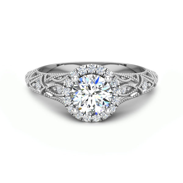 Vintage Halo Round Moissanite Geometric Milgrain Engagement Ring