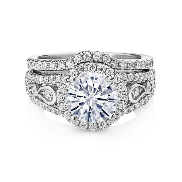 Vintage Halo Round Moissanite Split Shank Bridal Engagement Ring Set