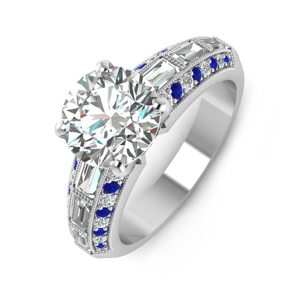 Vintage Moissanite With Tapered Baguette Sapphire Milgrain Engagement Ring