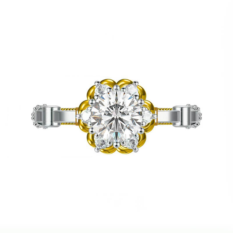 Vintage Round Moissanite Two Tone Flower Engagement Ring - ReadYourHeart