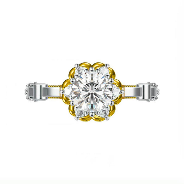 Vintage Round Moissanite Two Tone Flower Engagement Ring