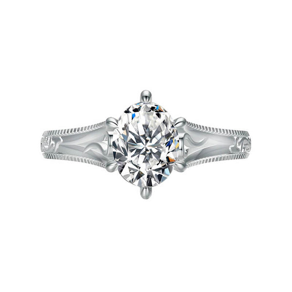 Vintage Solitaire Oval Cut Moissanite Scrollwork Milgrain Engagement Ring