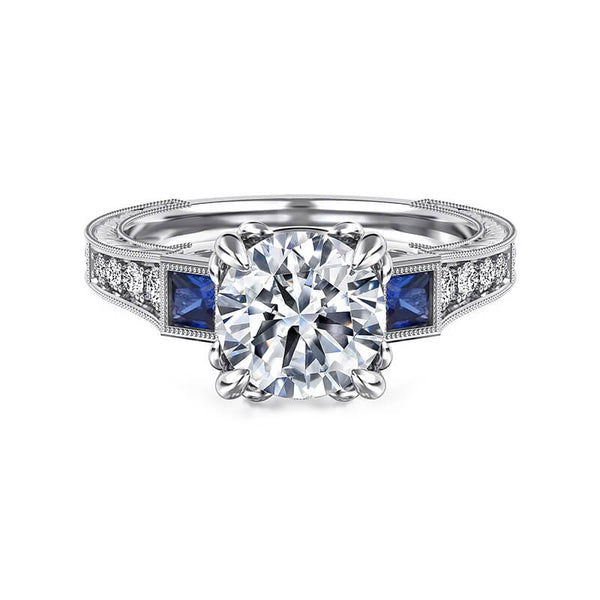 Vintage Three Stone Moissanite And Sapphire Channel Set Engagement Ring