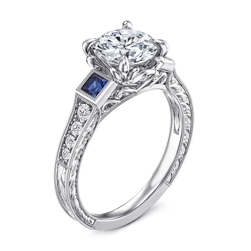 Vintage Three Stone Moissanite And Sapphire Channel Set Engagement Ring,RRL-FA1C1004-1,RRL-FA1C1004-2,RRL-FA1C1004-3