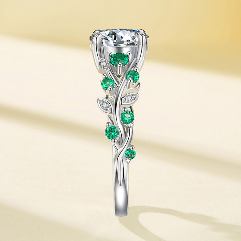 Willow Leaf & Vine Moissanite with Emerald Accents Engagement Ring,RRL-FA1C946-1,RRL-FA1C946-2,RRL-FA1C946-3