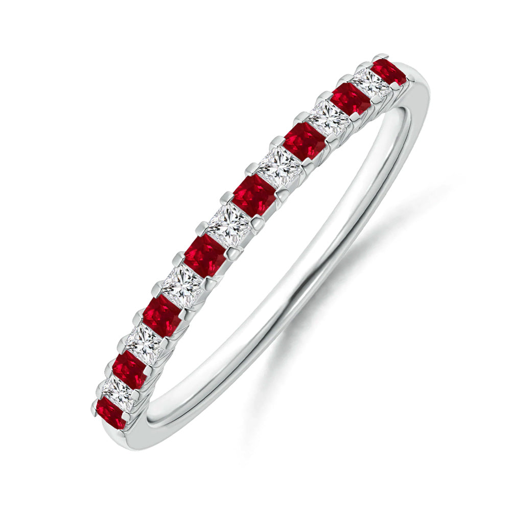 Alternating Princess Moissanite And Ruby Half Eternity Wedding Band Ring - ReadYourHeart