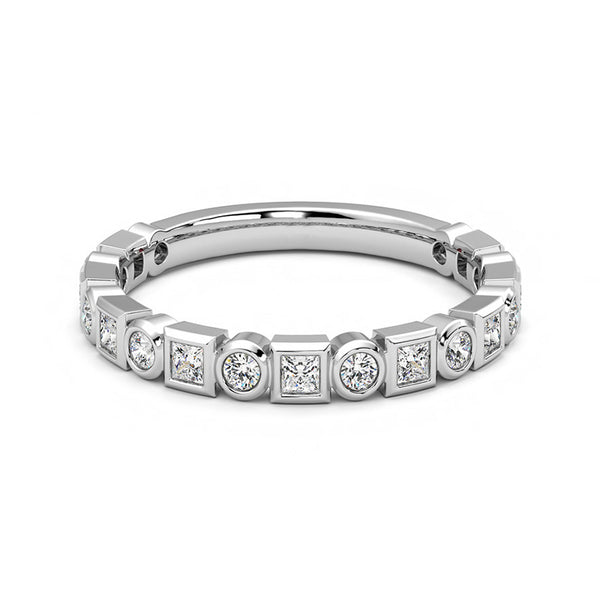 Alternating Round And Princess Cut Moissanite Bezel Set Half Eternity Wedding Band - ReadYourHeart