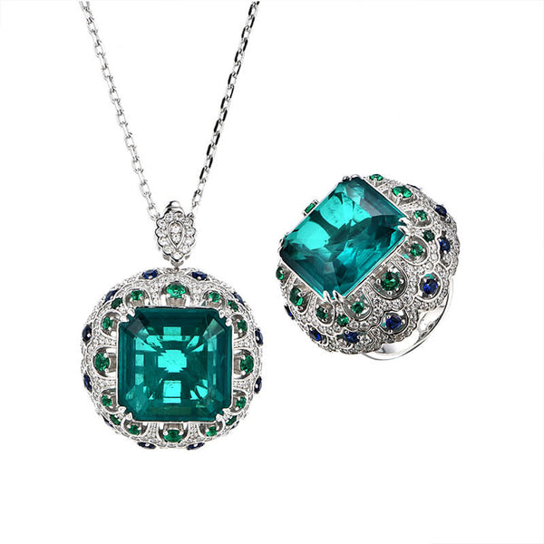 Asscher Cut Lab-Created Emerald Cluster Sterling Silver Necklace OR Ring