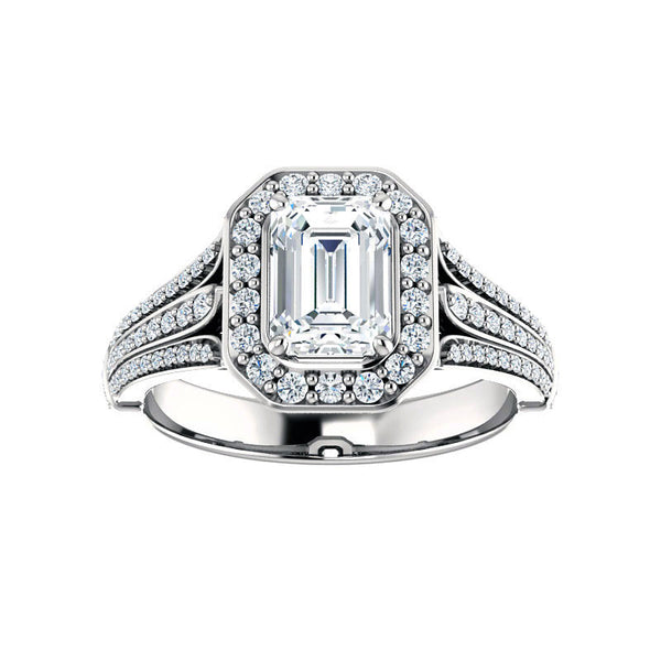 Bezel Halo Emerald-Cut Moissanite Triple Pave Engagement Ring