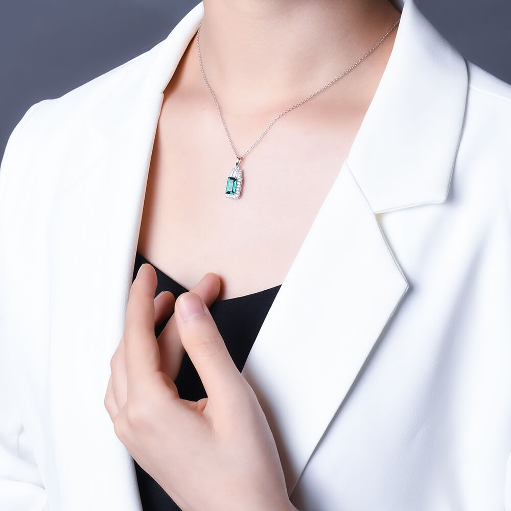 Fashion Halo Lab-Created Emerald Sterling Silver Necklace - ReadYourHeart