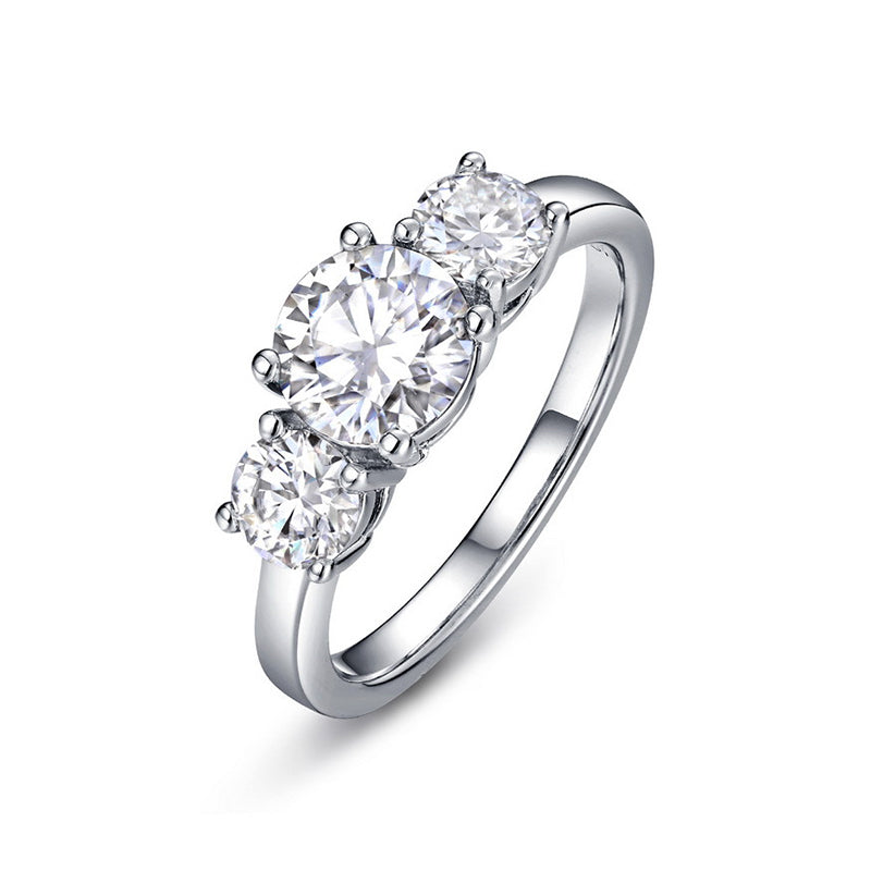 Classic Three Stone Round Cut Moissanite Sterling Silver Wedding Ring - ReadYourHeart