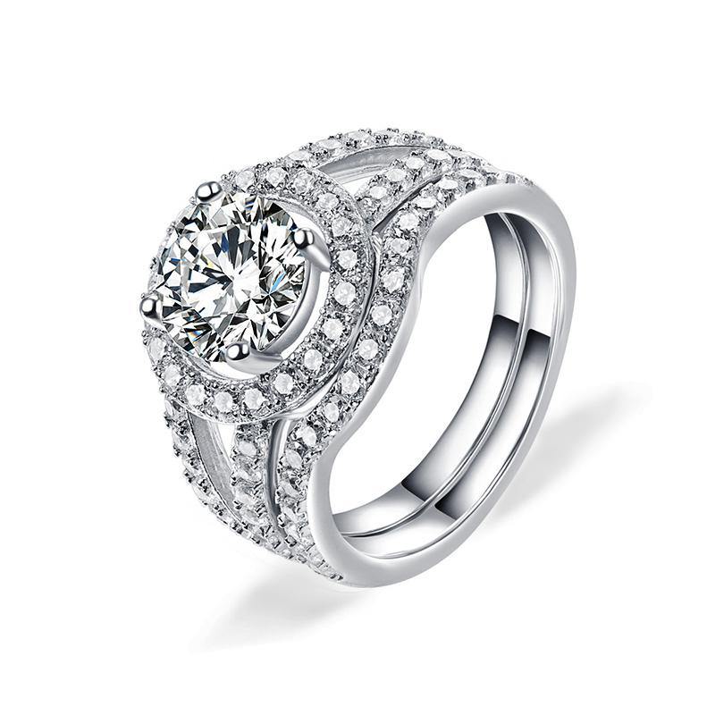 Classic round cut double arm sterling silver ring set - ReadYourHeart