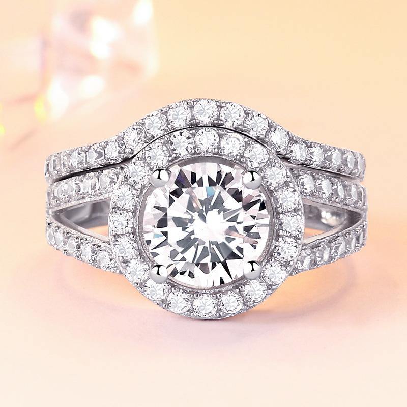 Classic round cut double arm sterling silver ring set - ReadYourHeart,RRX-TL031