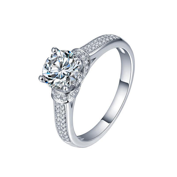 Moissanite classic Four prong sterling silver wedding ring with Side Stones Promise Bridal Ring - ReadYourHeart