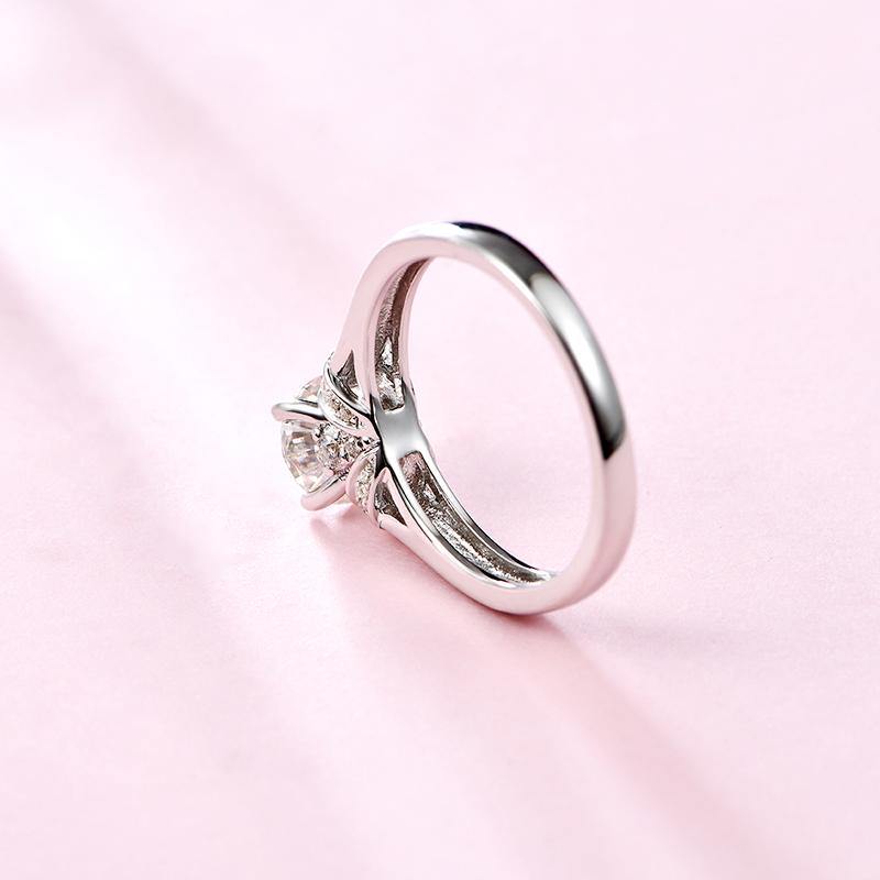 Moissanite classic Four prong sterling silver wedding ring with Side Stones Promise Bridal Ring - ReadYourHeart