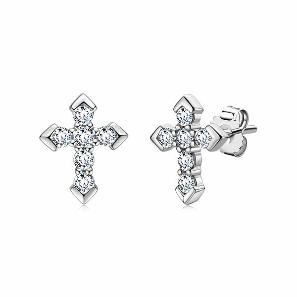 Cross Moissanite Stud Earrings In Sterling Silver - ReadYourHeart